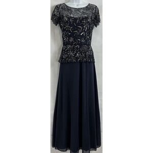 Pisarro Nights Sz 6 Blue Formal Heavy Beaded Sequin Bodice into Peplum Maxi Gown